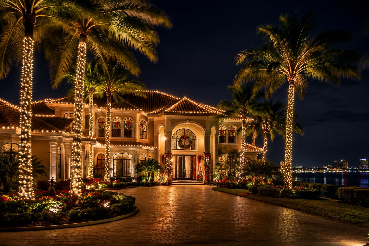 Tampa Bay home at night with warm holiday Christmas lights on the roofline and palm trees